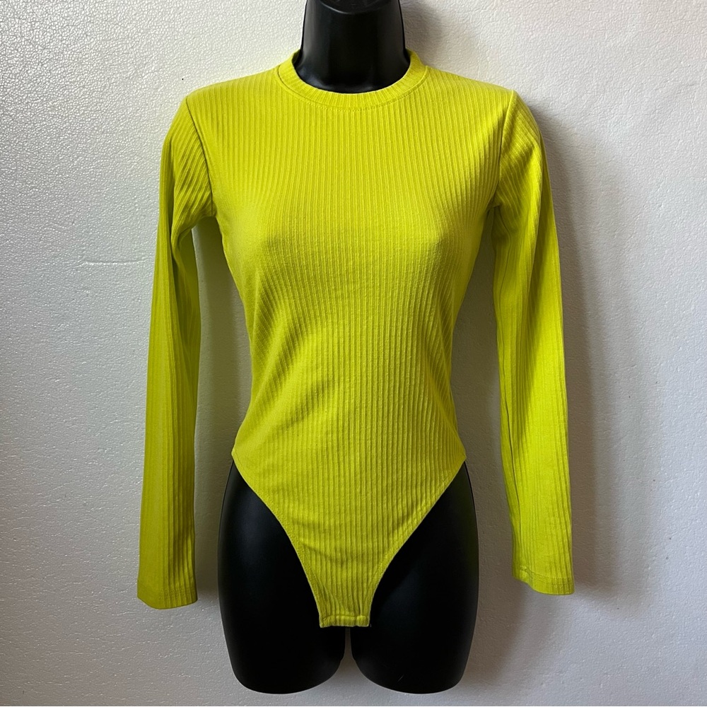 Missguided Womens 2 Ribbed Bodysuit Crew Neck Long Sleeve Neon Green